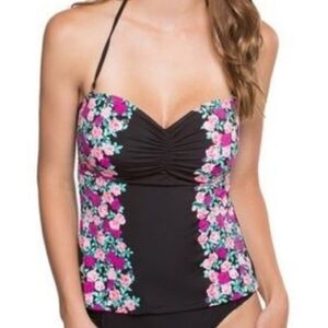 {S} NWT Betsey Johnson Floral Rose Black Convertible Swim Tankini Top Only